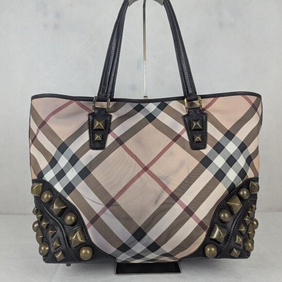 Burberry Super Nova Check Studded Nickie PVC Leather Tote bag Beige